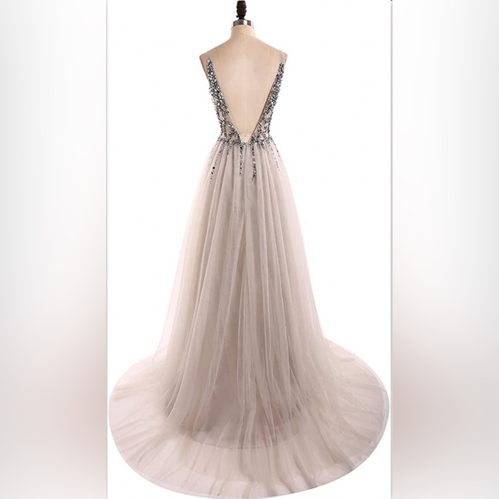 Elegant Beaded V-Neck Maxi Dress in Champagne - Picture 11 of 11